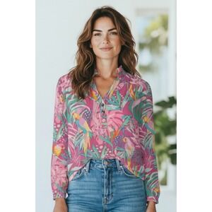 Michelle McDowell Tropical Parrot Print Long Sleeve Button Neck Blouse XS